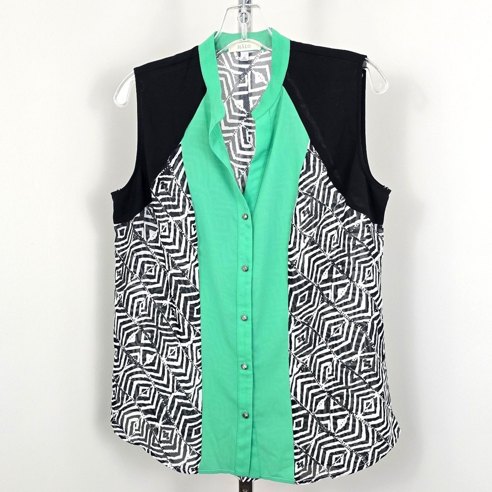 Halo‎ Sheer Sleeveless V-Neck Button Front Green Black White Print Top M